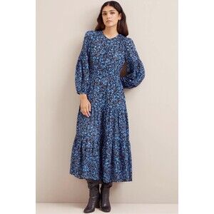 Cefinn Marianne Midi Dress Blue Trailing Bramble Floral Print Tiered Boho UK6US2